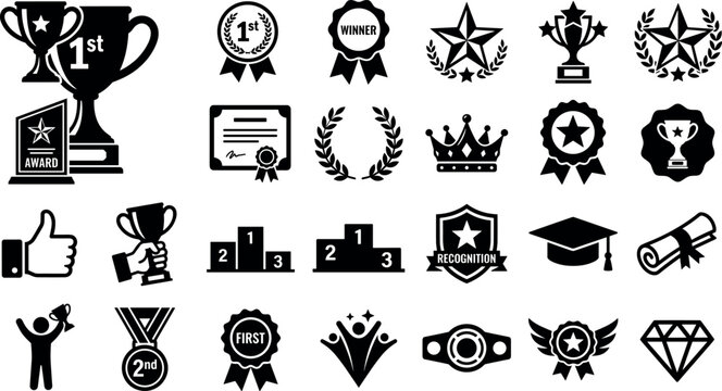 Achievement and award trophy icon set featuring winners cups medals laurel wreaths graduation caps and competition success symbols for professional recognition and gamification design.