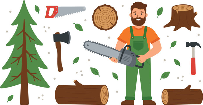 Lumberjack Illustration with Trees Logs Chainsaw Axe Hammer and Handsaw for Forestry, Woodworking, Outdoor Work, DIY Projects, Construction, and Carpentry Designs.