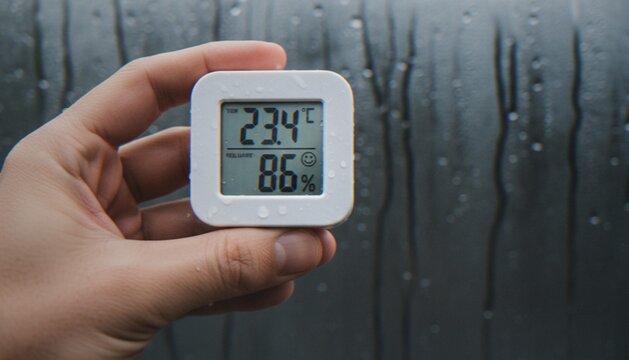 A close-up shot of a hand holding a digital hygrometer displaying 23.4 degrees Celsius and 86% humidity against a backdrop of a wet, rain-streaked window pane.