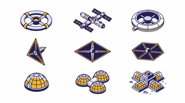 Collection of isometric space station modules and futuristic habitats for colonization.