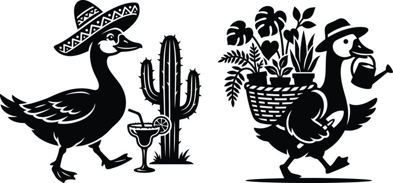 Silhouette of two ducks in sombrero and hat with cactus and plants