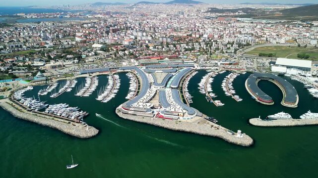 Istanbul Viaport Marina, Maritime boats and opulent yachts at marina fly above