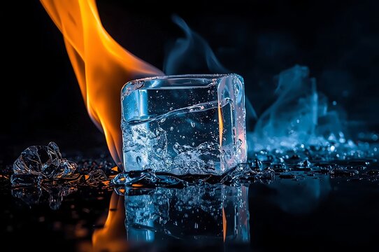 Ice cube melting with a flame burning next to it contrasting hot and cold elements contrast temperature freezing abstract elemental reflection background transparent substance transformatio