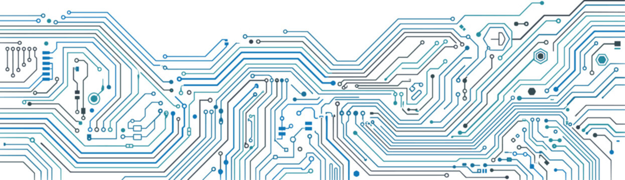 Modern blue circuit board vector illustration featuring complex electrical trace lines and microchip nodes for digital technology networking and computer hardware background designs.