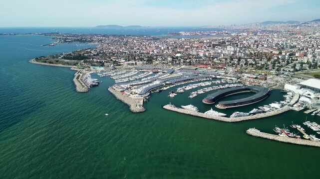 Istanbul Viaport Marina, Marine crafts and upscale yachts at marina circle shot