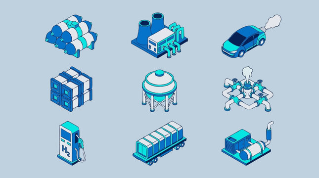 Set of isometric icons representing hydrogen energy production, storage, and transportation.