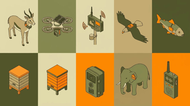 Collection of isometric icons representing wildlife conservation and monitoring tools.