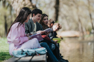 Fototapeta premium School friends sit on a park bench studying and sharing notebooks by a pond. A group of teenagers study together outdoors, passing notebooks and chatting in spring.