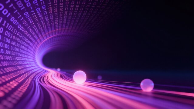 Digital tunnel with binary code and glowing spheres
