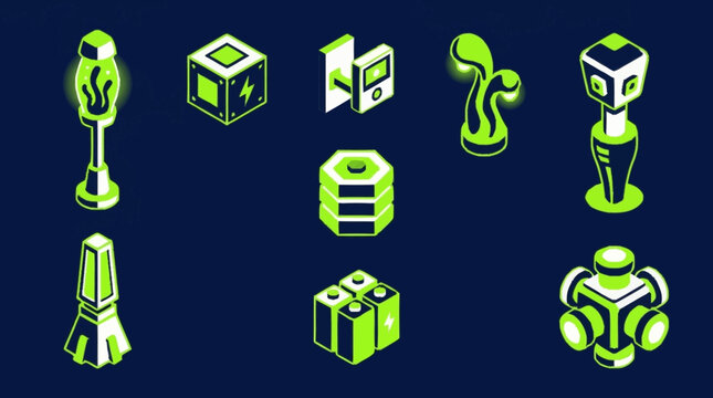 Collection of futuristic neon green icons representing technology and energy on a dark blue background.