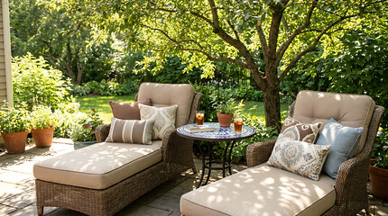 Fototapeta premium Wicker loungers with cushions and table set for relaxation in a lush garden setting