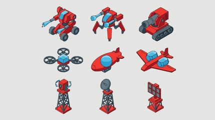 Collection of isometric robots, drones, and futuristic vehicles in red and blue colors. © Bunga