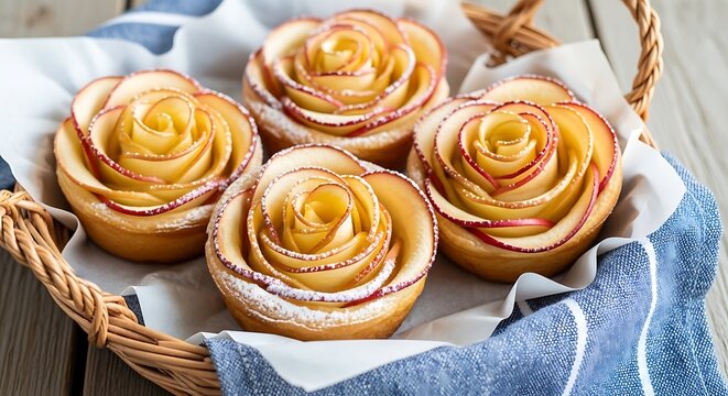 Delicious rose shaped apple pastries arranged neatly in a rustic basket on a wooden surface