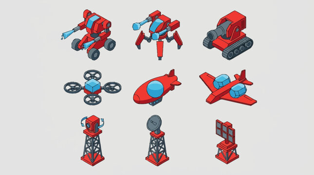 Collection of isometric robots, drones, and futuristic vehicles in red and blue colors.