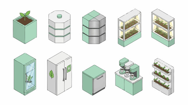 Isometric icons representing modern indoor gardening and hydroponic systems for urban farming.