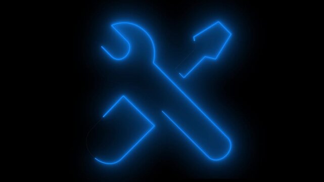 Glowing tools settings icon animation on black background. Repair and maintenance symbol for technology, software and service.