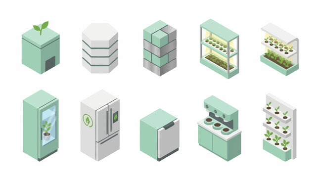 Collection of isometric illustrations representing modern hydroponic farming systems and related equipment.