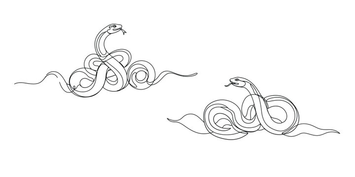 Two intertwined snakes with open mouths hand-drawn line art illustration.