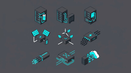 Collection of isometric icons representing modern technology and renewable energy sources. © Bunga