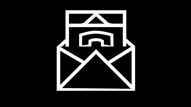 Open envelope mail icon animation on black background. Incoming email and message notification symbol for communication.
