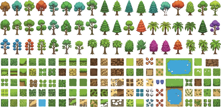 Game asset set with various trees and terrain tiles for top down strategy or adventure map design