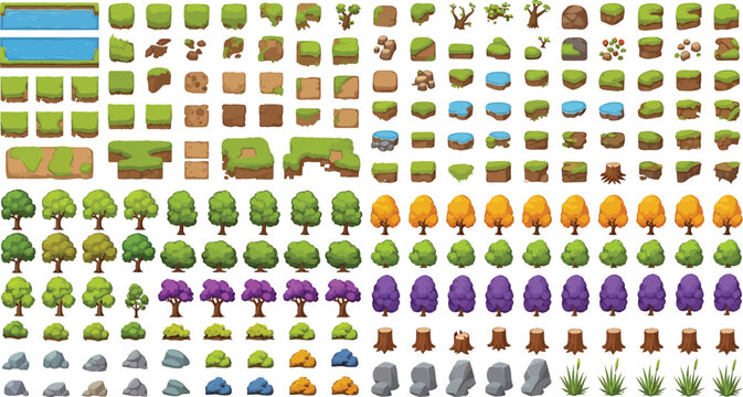 Game environment asset kit with isometric terrain tiles trees rocks and nature elements for mobile game design