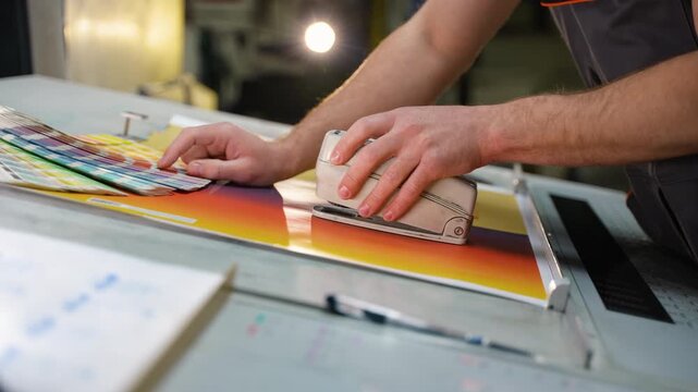 Print technician inspecting color proof with loupe