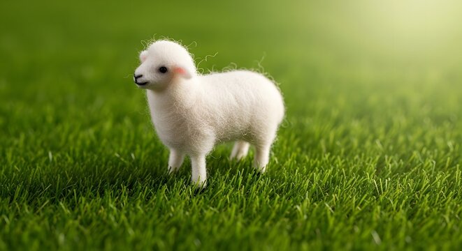Fluffy white wooly sheep standing on lush green grass on bright sunny day with soft sunlight creating gentle glow tranquil peaceful pastoral countryside farm animal scene.