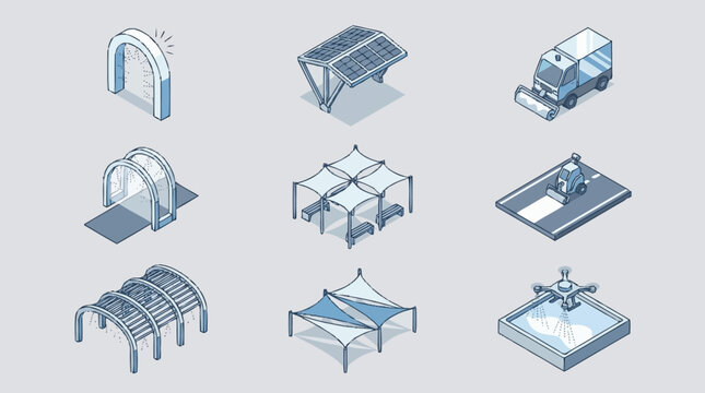 Collection of isometric architectural elements including arches, canopies, and modern structures.