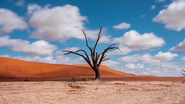 Timelapse in Deadvlei, Namib Naukluft Park, shows a dead tree on cracked clay, towering orange dunes, and fast clouds with sliding sunlight and shifting shadows.