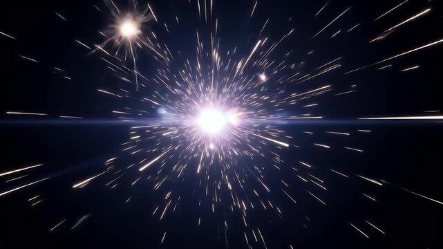 Cinematic hyperspace travel effect with bright light burst and stars streaking through deep space at warp speed.