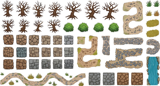 Top down game map assets with trees, stone paths, ground tiles, and vegetation for fantasy level design