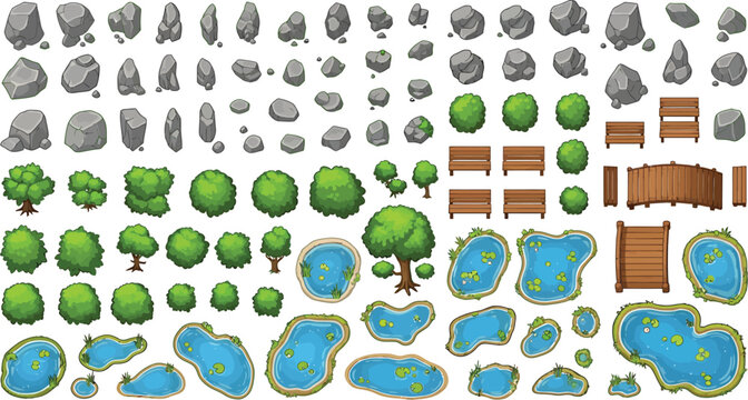 Top down game assets set with trees rocks ponds and wooden bridges for map design vector illustration