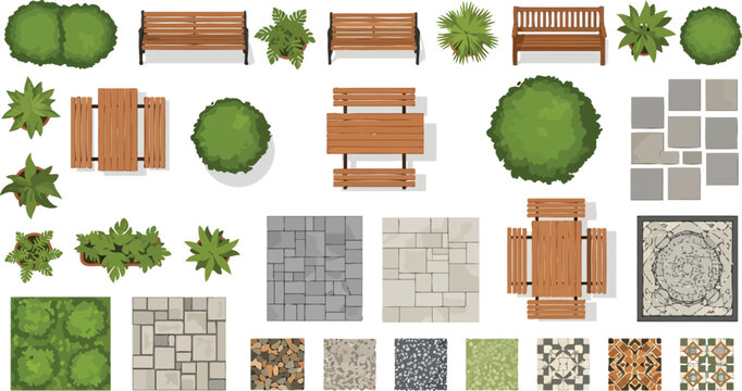 Top view landscape design elements with wooden benches, picnic tables, garden plants, and stone paving tile textures