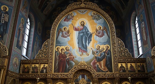 Ornate religious iconostasis displays vibrant depiction of Christ's ascension with angelic figures