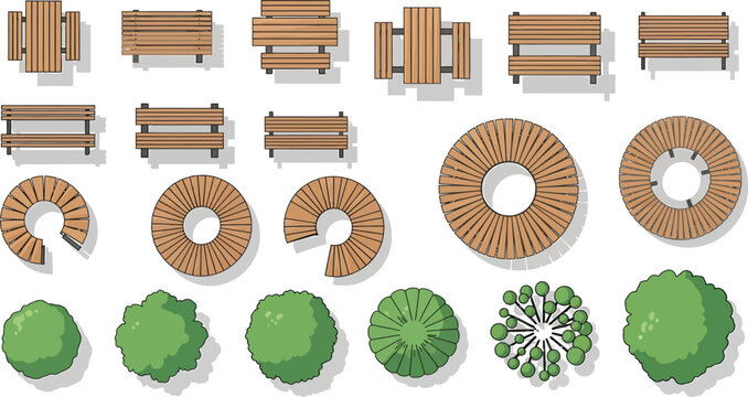 Top view vector set of wooden park benches and green trees for landscape architecture design projects