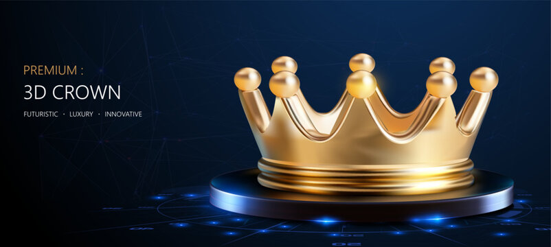 Shiny golden crown on a dark futuristic podium with blue glowing lights and network lines, luxury leadership concept for success themes