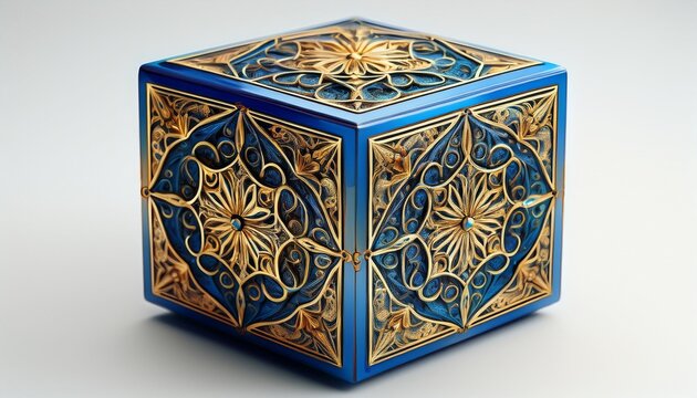 ornate blue and gold geometric cube with intricate filigree pattern isolated on white background