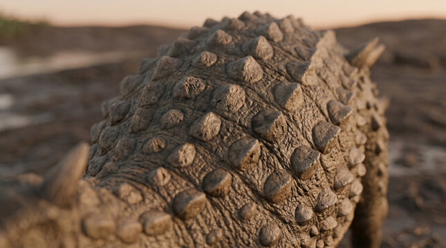 A macro close-up focusing on the mosaic of osteoderms (armored plates) embedded in the rough, leathery skin of a Scelidosaurus's back. 