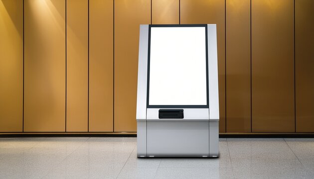 modern silver self service kiosk with blank touchscreen display and card reader slot mockup