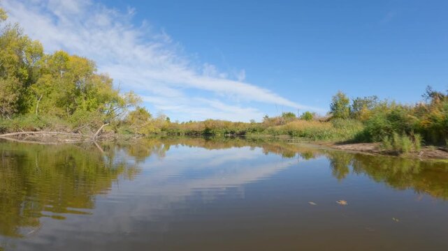 Point of view from a canoe paddling along a calm northern river with fall leaves floating on the water
