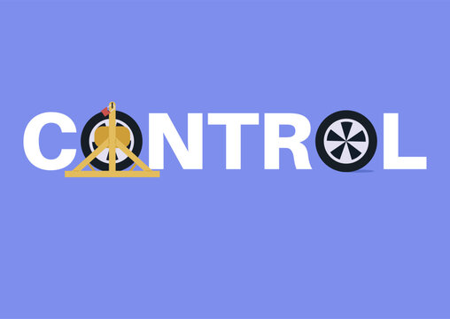 The word CONTROL illustrated through car wheel clamps: one O spins freely as a wheel, while the other is locked with a parking boot, symbolizing restriction, authority, and control.