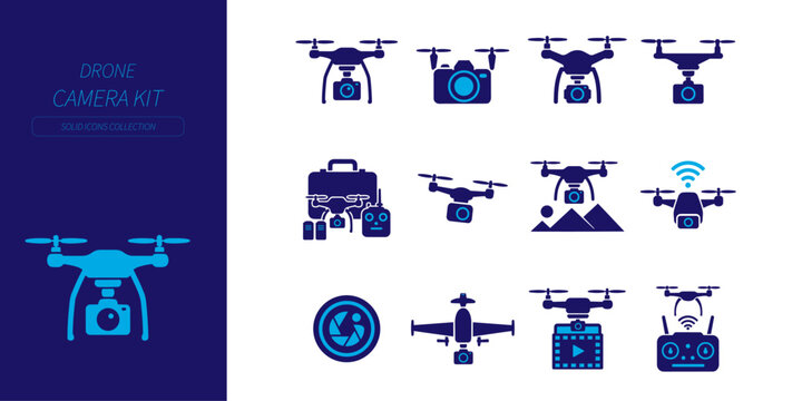 Drone Camera Kit solid icons collocation. drone icons, aerial camera, quadcopter, vector, flying drone, drone photography