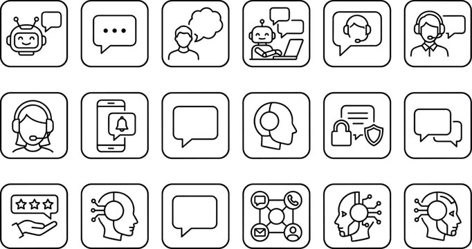 Customer support and artificial intelligence chatbot icon set featuring virtual assistants live chat operators feedback ratings and communication symbols for professional help center interfaces.