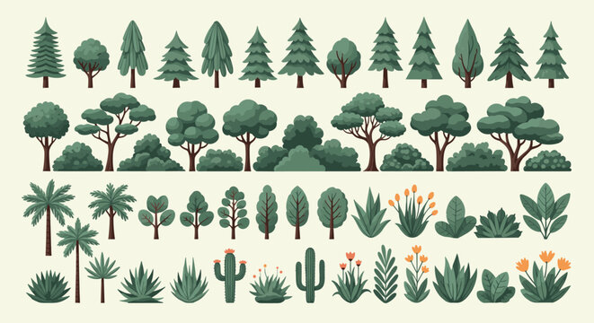 Extensive collection of pixel art style trees shrubs bushes and succulents arranged in rows on a light neutral background.