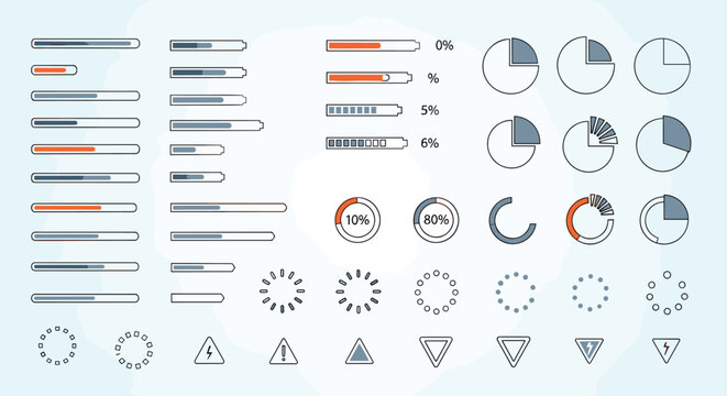 Comprehensive set of user interface elements including horizontal progress bars circular loading indicators and warning signs.