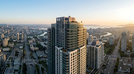 Obraz premium Vancouver Skyline at Sunset - High-Rise Building Dominates Urban Landscape.
