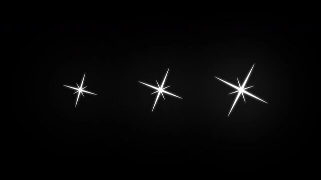 Set of white glowing sparkle stars, multiple starburst and lens flare icons on black background