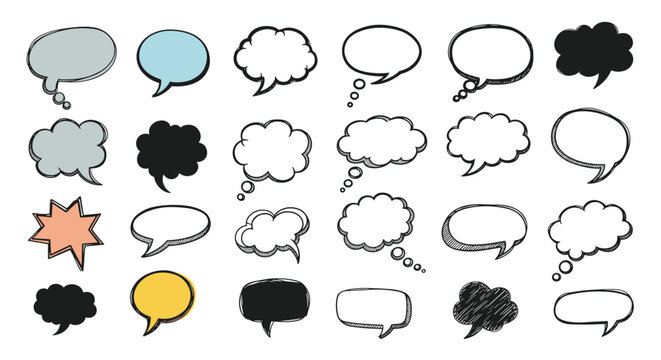 Large set of diverse hand-drawn speech and thought bubble icons in different colors and shapes including cloud and oval forms.