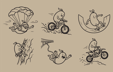 Happy seed mascot enjoying skydiving biking skateboarding and adrenaline sports illustrations © ABAER